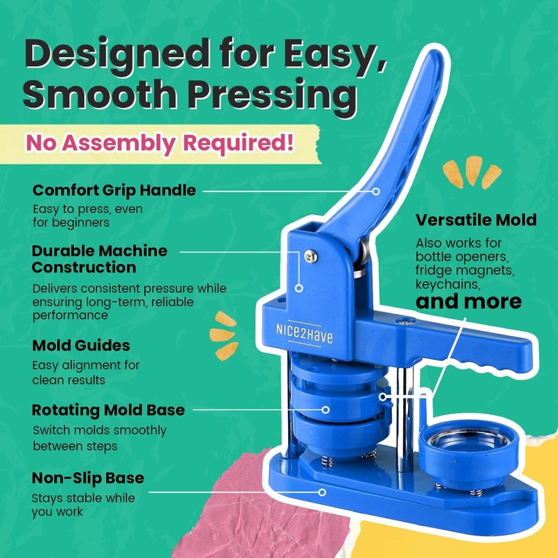 nice2have Button Maker Machine – 2.25 Inch (58mm) – Single Mold, Pin Maker Machine Kit with 100 Buttons, 5 Fridge Magnets, 5 Bottle Openers, Cutters, and 500+ Button Designs for DIY Crafts, Blue - Image 4